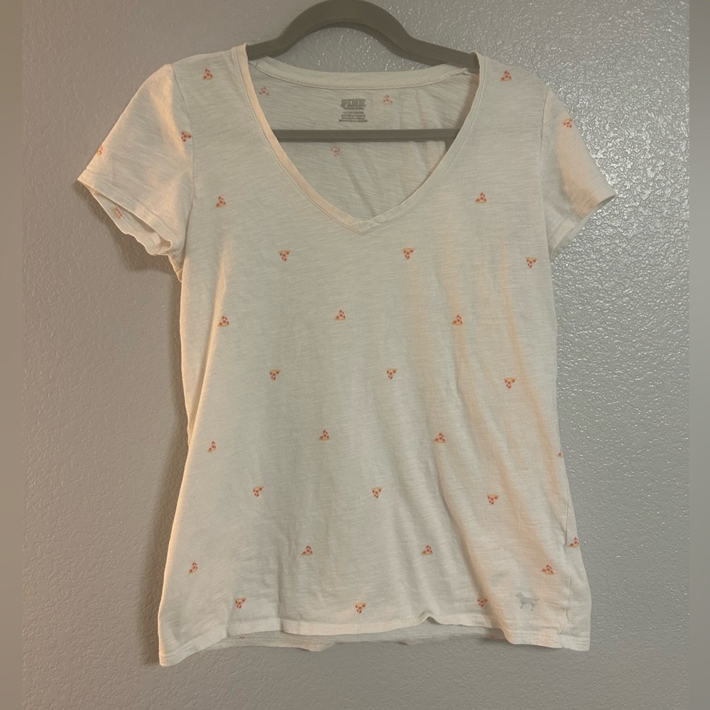 White Victorias Secret PINK Perfect V-Neck Short Sleeve Pizza T-Shirt size small